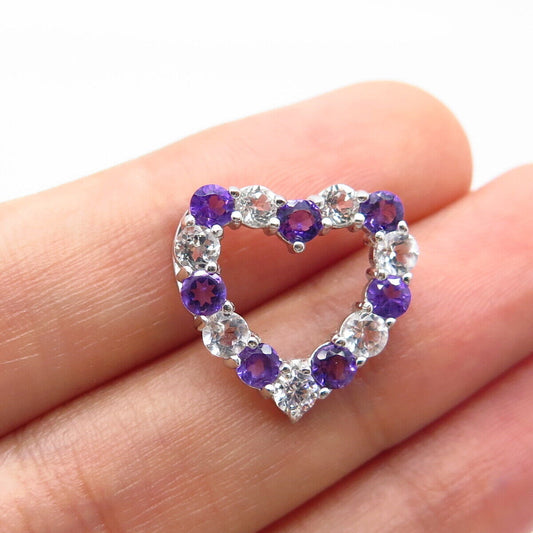 925 Sterling Silver Real Amethyst Gem & C Z Open Heart Pendant