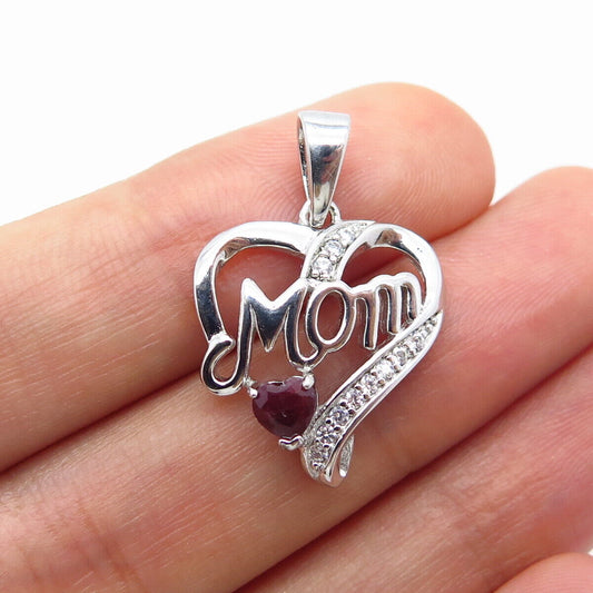 925 Sterling Silver Real Ruby Gem & C Z "MOM" Heart Pendant