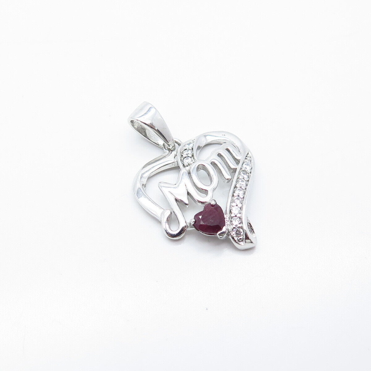 925 Sterling Silver Real Ruby Gem & C Z "MOM" Heart Pendant