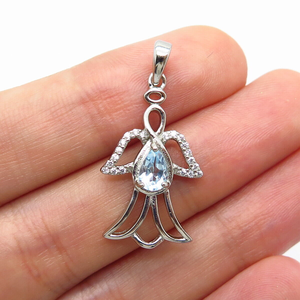 925 Sterling Silver Real Blue Topaz Gem & C Z Angel Pendant