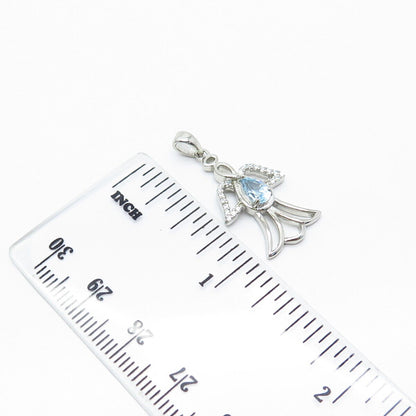 925 Sterling Silver Real Blue Topaz Gem & C Z Angel Pendant