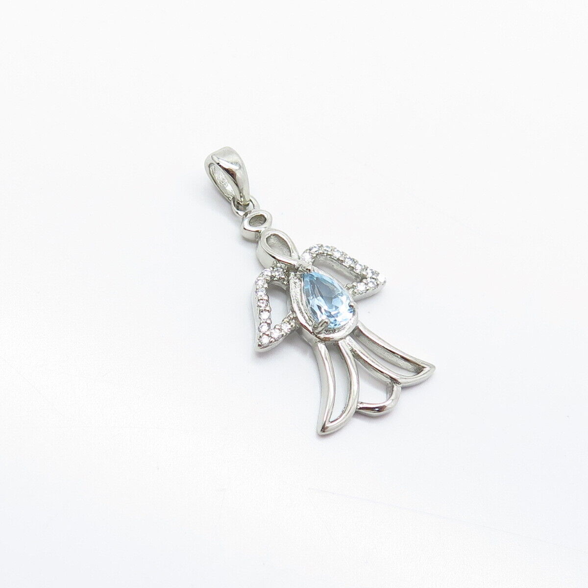 925 Sterling Silver Real Blue Topaz Gem & C Z Angel Pendant