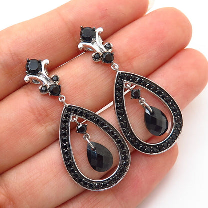 925 Sterling Silver Black C Z Teardrop Design Dangling Earrings