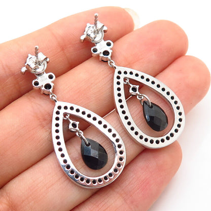 925 Sterling Silver Black C Z Teardrop Design Dangling Earrings