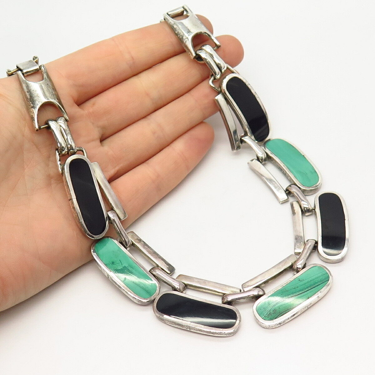 925 Sterling Vintage Mexico Black Onyx & Malachite Gem Statement Necklace 18"