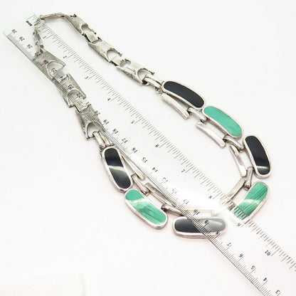 925 Sterling Vintage Mexico Black Onyx & Malachite Gem Statement Necklace 18"