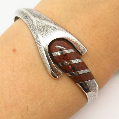 925 Sterling Vintage Mexico Mahogany Obsidian Gem Hinged Bangle Bracelet 6 3/4"