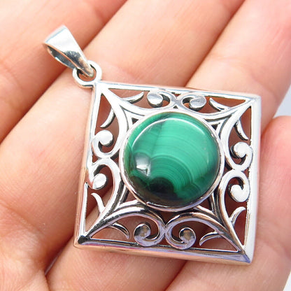 925 Sterling Silver Vintage Real Malachite Gemstone Ornate Pendant