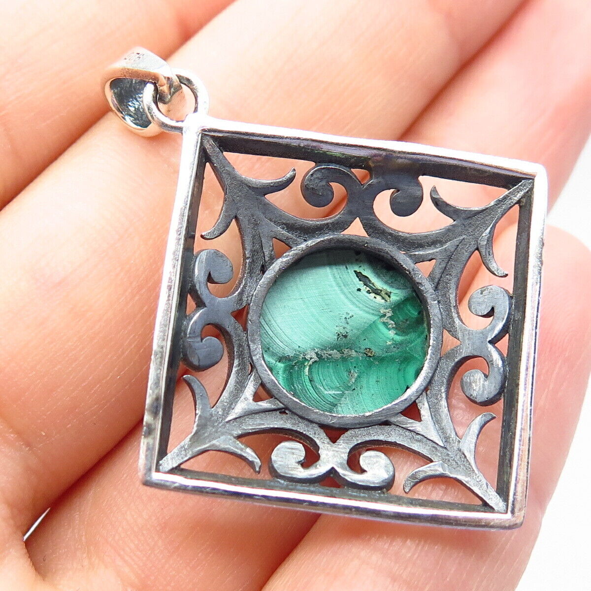 925 Sterling Silver Vintage Real Malachite Gemstone Ornate Pendant