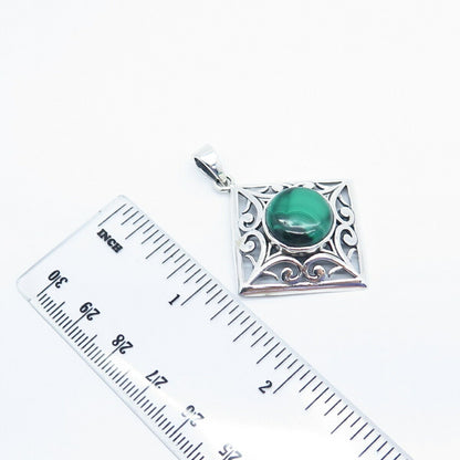 925 Sterling Silver Vintage Real Malachite Gemstone Ornate Pendant