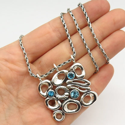 925 Sterling Silver Real Blue Topaz Gem Bubbles Pendant Chain Necklace 17"