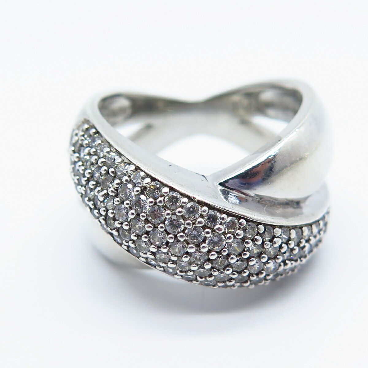 925 Sterling Silver Vintage Pave C Z Crossover Ring Size 8.5