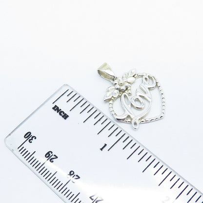 925 Sterling Silver Vintage "Love" Heart Floral Leaf Pendant