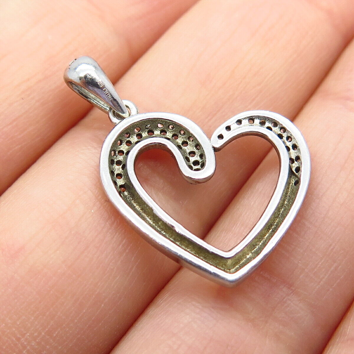 925 Sterling Silver Pave C Z Open Heart Pendant