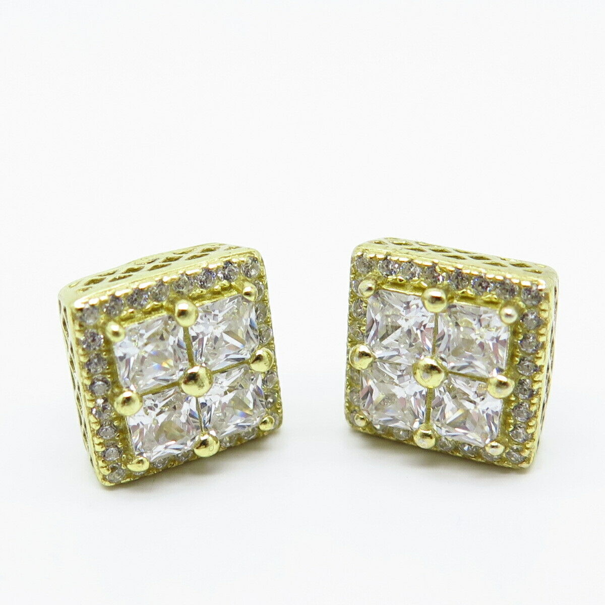 925 Sterling Silver Gold Plated C Z Princess-Cut Stud Earrings