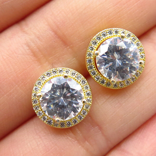 925 Sterling Silver Gold Plated C Z Round Stud Earrings