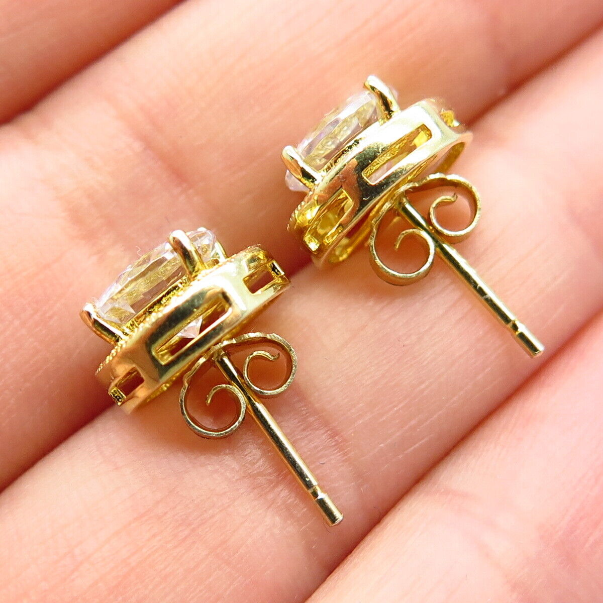 925 Sterling Silver Gold Plated C Z Round Stud Earrings