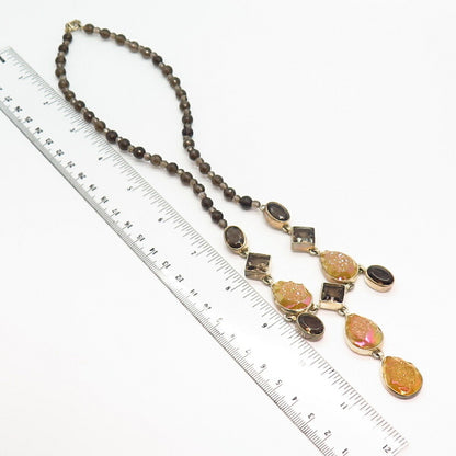 925 Sterling Silver Smoky Quartz & Mystic Yellow Druzy Bead Chain Necklace 20"