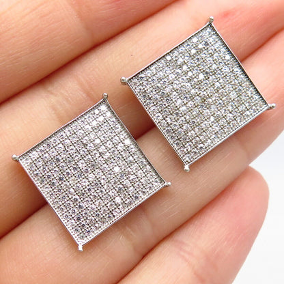 925 Sterling Silver Pave C Z Square Stud Earrings