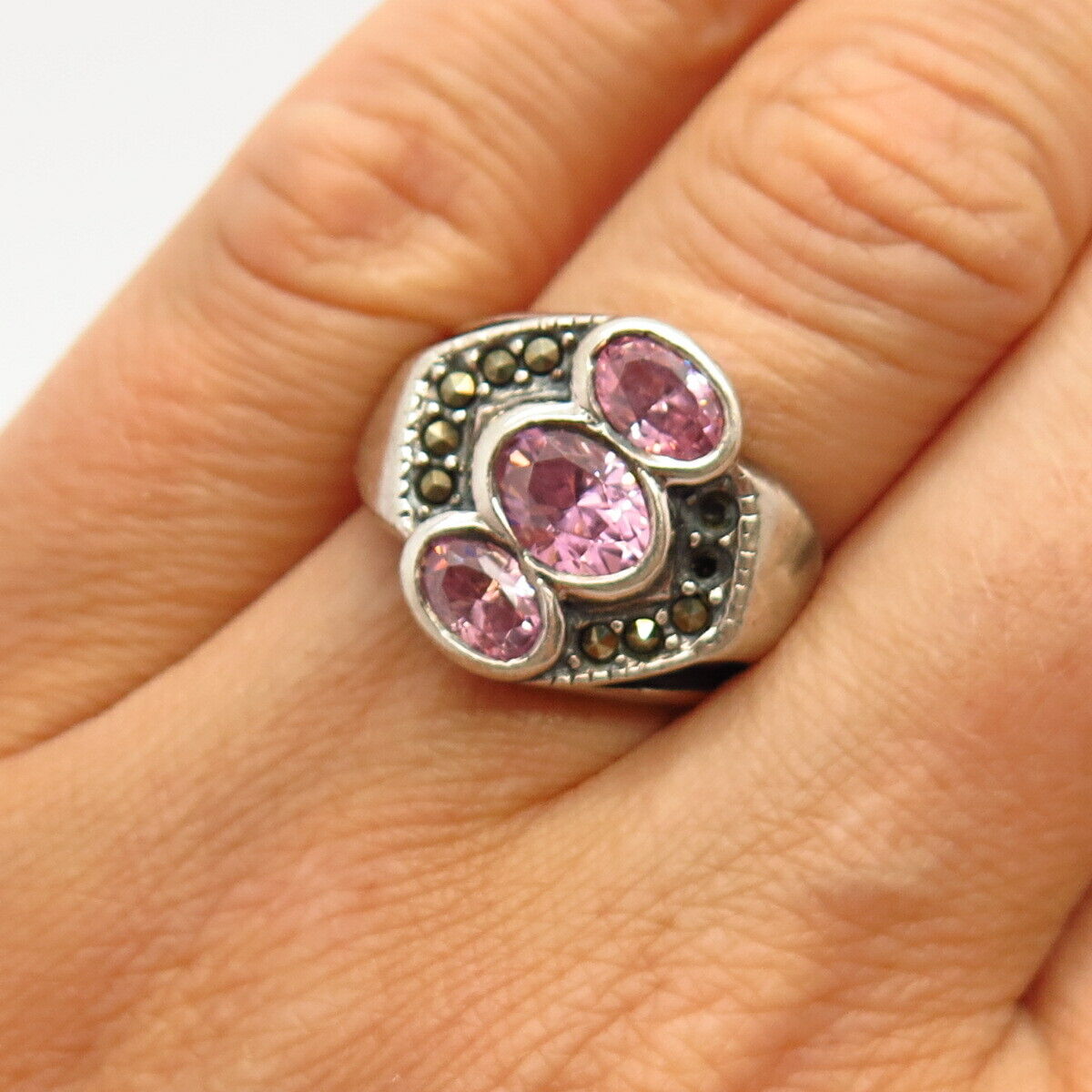 925 Sterling Silver Real Marcasite Gem & Morganite-Tone C Z Ring Size 7.5