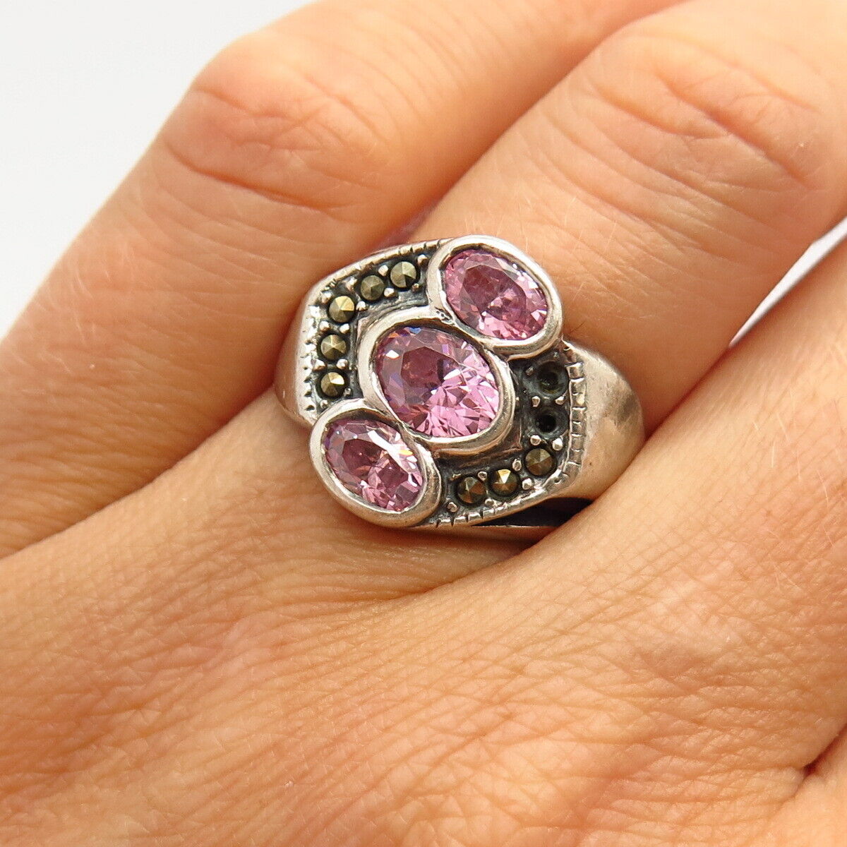 925 Sterling Silver Real Marcasite Gem & Morganite-Tone C Z Ring Size 7.5