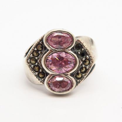 925 Sterling Silver Real Marcasite Gem & Morganite-Tone C Z Ring Size 7.5