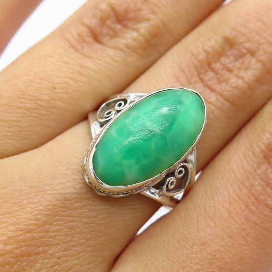 925 Sterling Silver Vintage Faux Green Turquoise Ornate Ring Size 6.25