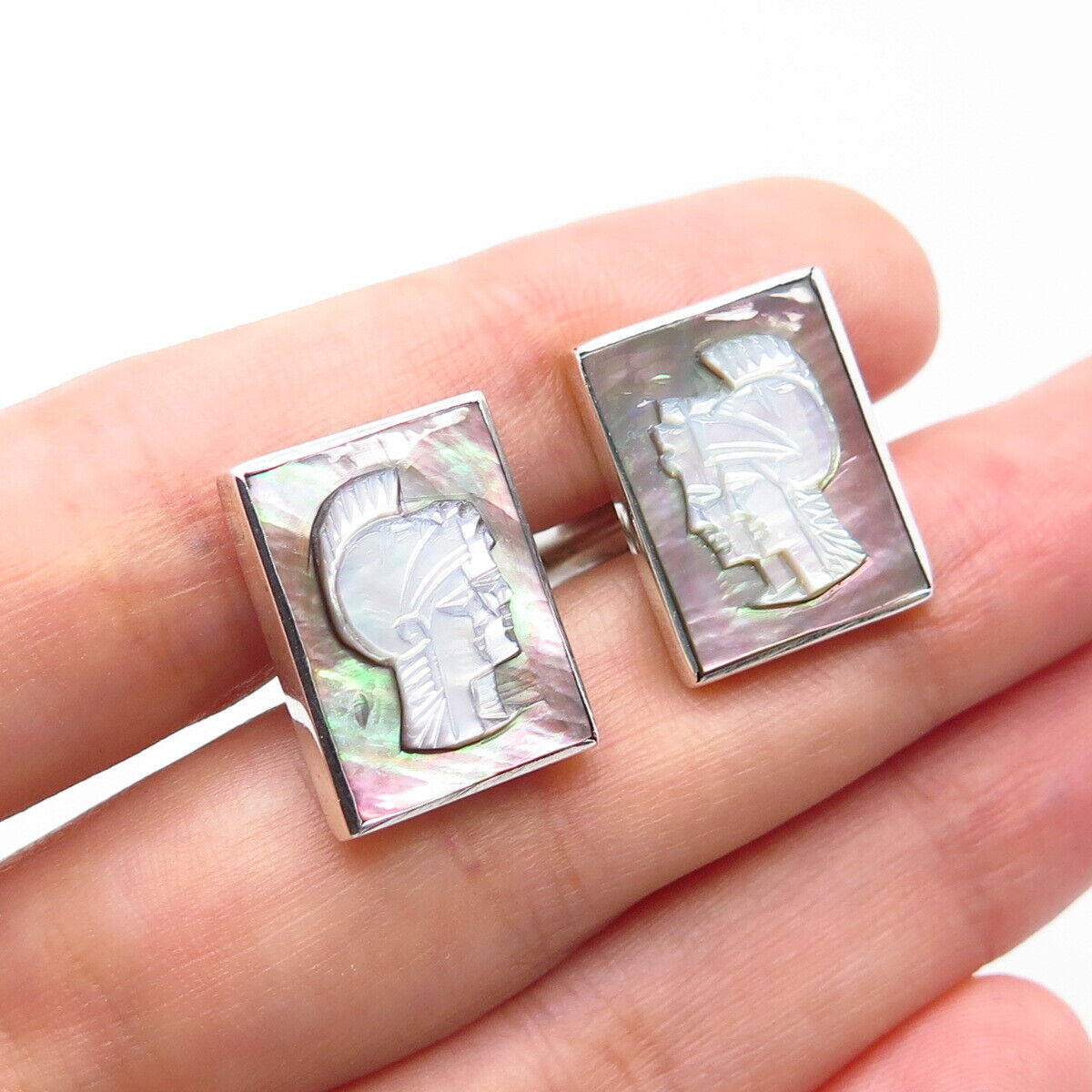 925 Sterling Silver Vintage Real Abalone Shell Cameo Warrior Cufflinks