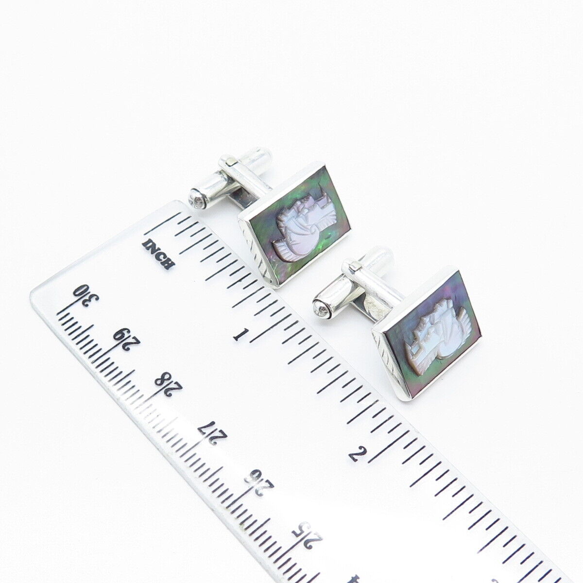 925 Sterling Silver Vintage Real Abalone Shell Cameo Warrior Cufflinks