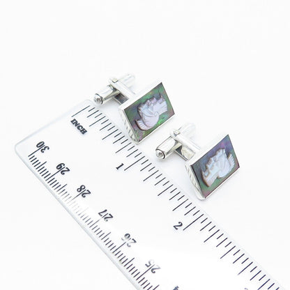 925 Sterling Silver Vintage Real Abalone Shell Cameo Warrior Cufflinks