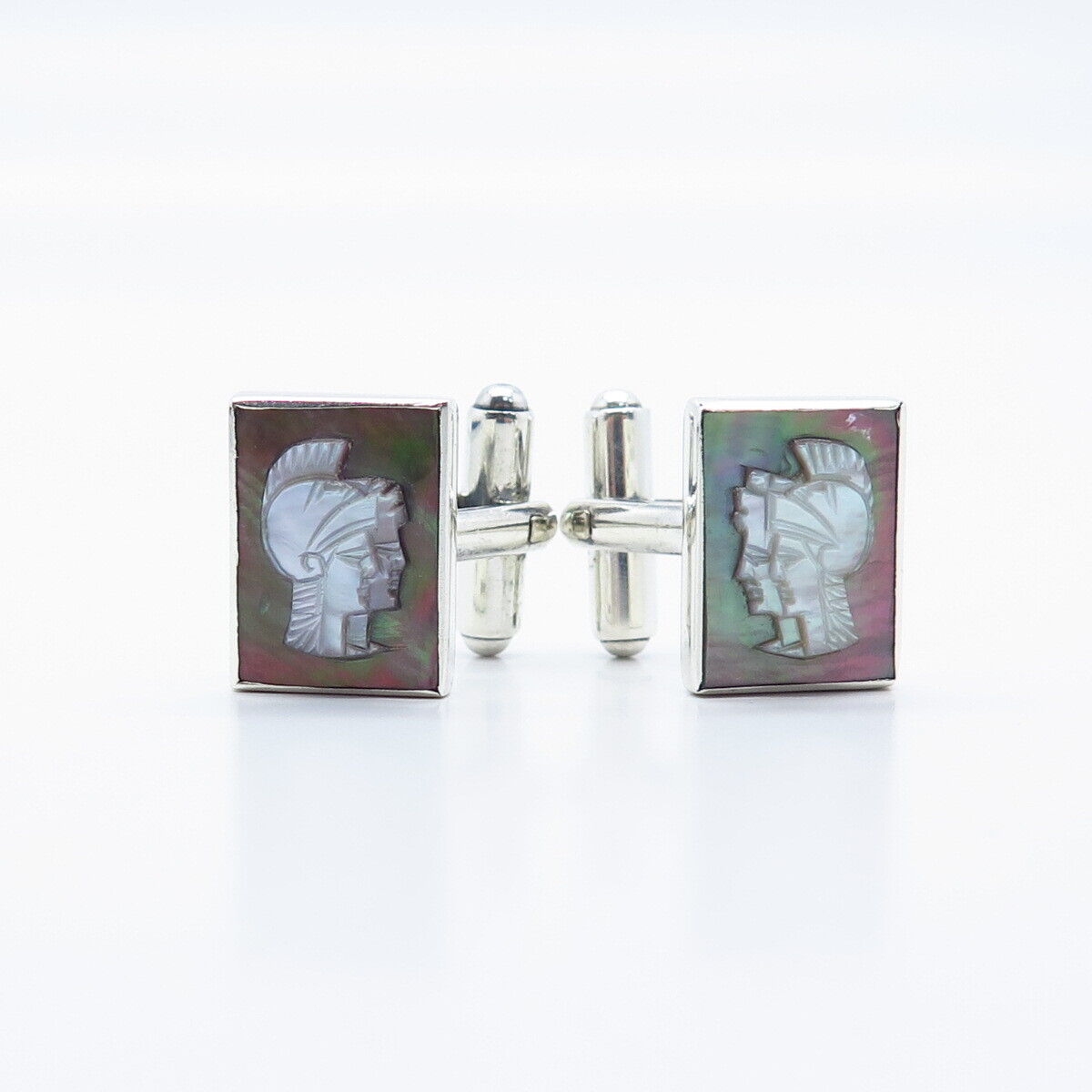 925 Sterling Silver Vintage Real Abalone Shell Cameo Warrior Cufflinks