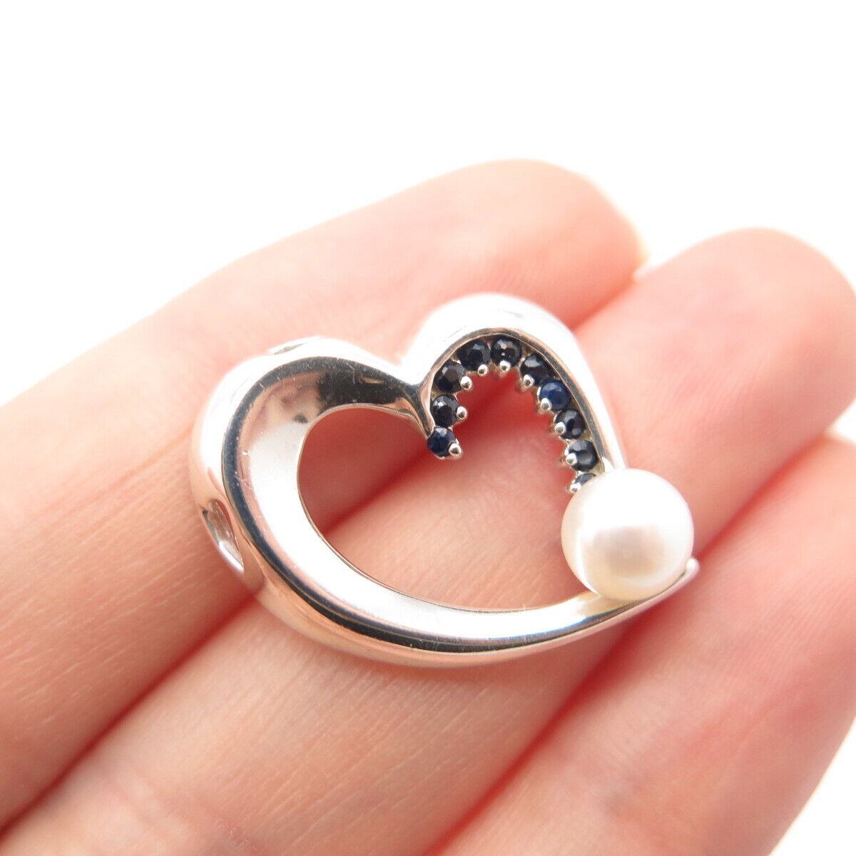 925 Sterling Silver Real Pearl & Sapphire Gem Open Heart & Bead Slide Pendant