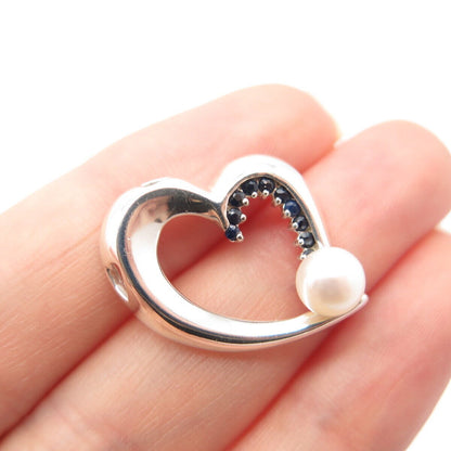 925 Sterling Silver Real Pearl & Sapphire Gem Open Heart & Bead Slide Pendant