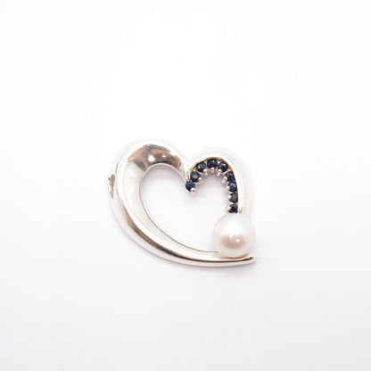 925 Sterling Silver Real Pearl & Sapphire Gem Open Heart & Bead Slide Pendant