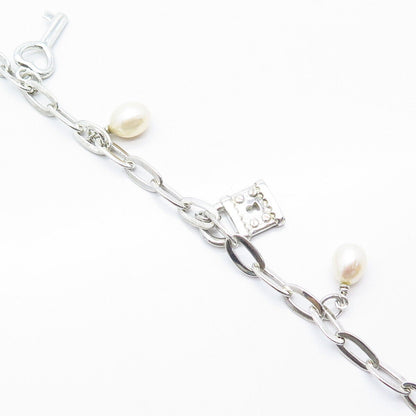 925 Sterling Silver Vintage Real Pearl Lock & Key Oval Link Bracelet 6.75"