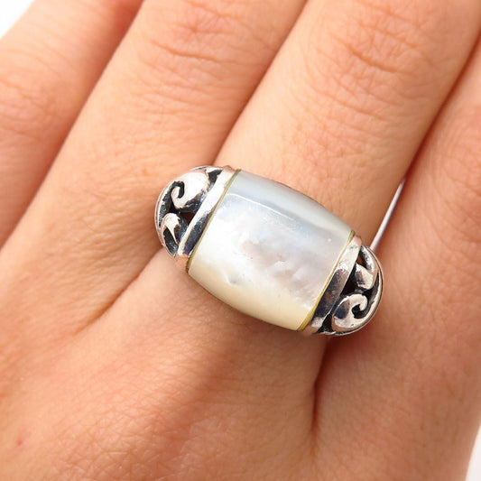 925 Sterling Silver Real Mother-Of-Pearl Ornate Bar Design Ring Size 6 3/4