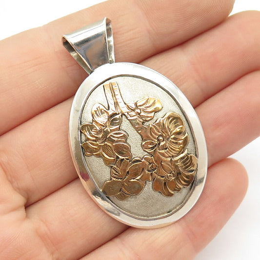 925 Sterling Silver 2-Tone Vintage Floral Oval Pendant