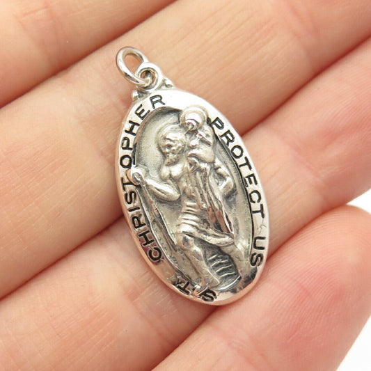 925 Sterling Silver Antique Creed St. Christopher Religious Pendant