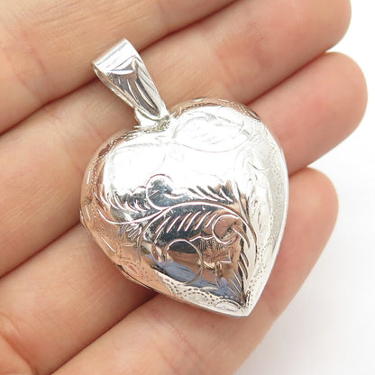 925 Sterling Silver Vintage Etched Floral Heart Locket Pendant