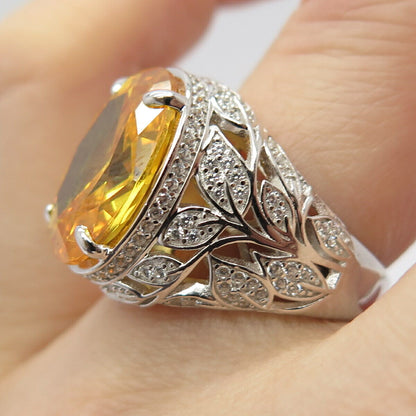 925 Sterling Silver White & Citrine-Tone C Z Leaves Ring Size 7