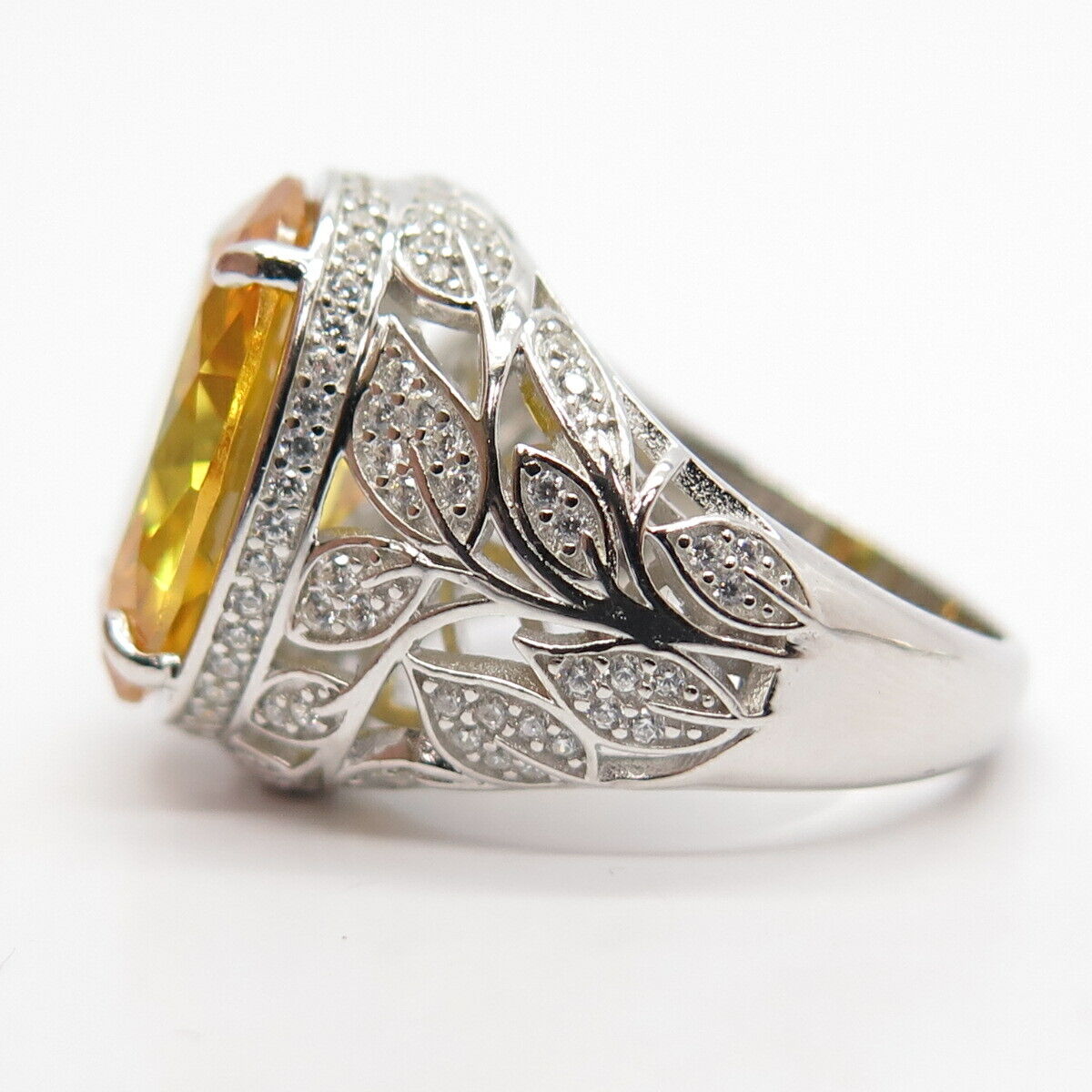 925 Sterling Silver White & Citrine-Tone C Z Leaves Ring Size 7