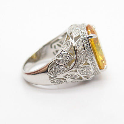 925 Sterling Silver White & Citrine-Tone C Z Leaves Ring Size 7