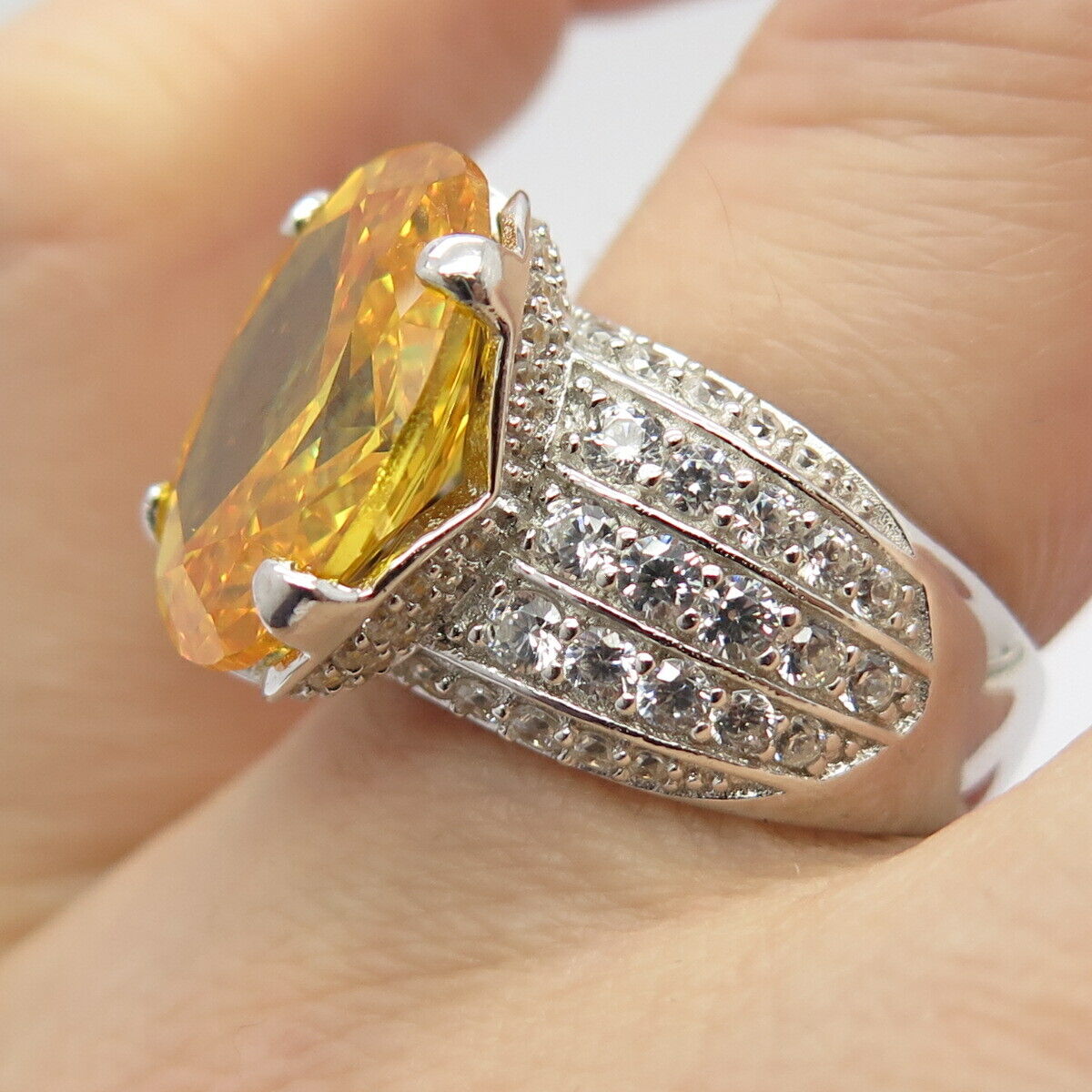 925 Sterling Silver White & Citrine-Tone C Z Signet Ring Size 7