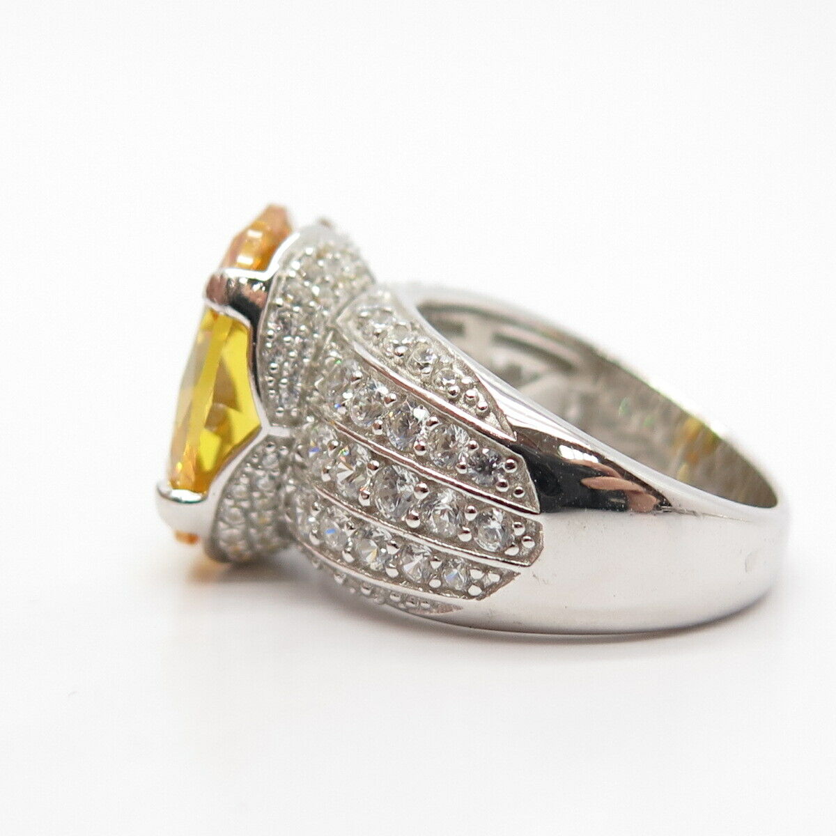 925 Sterling Silver White & Citrine-Tone C Z Signet Ring Size 7