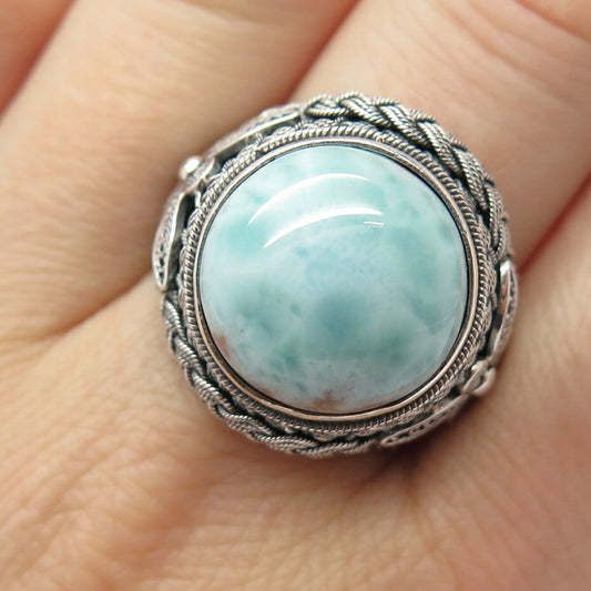 925 Sterling Silver Real Larimar Gem Wicker Domed Adjustable Ring Size 8 3/4