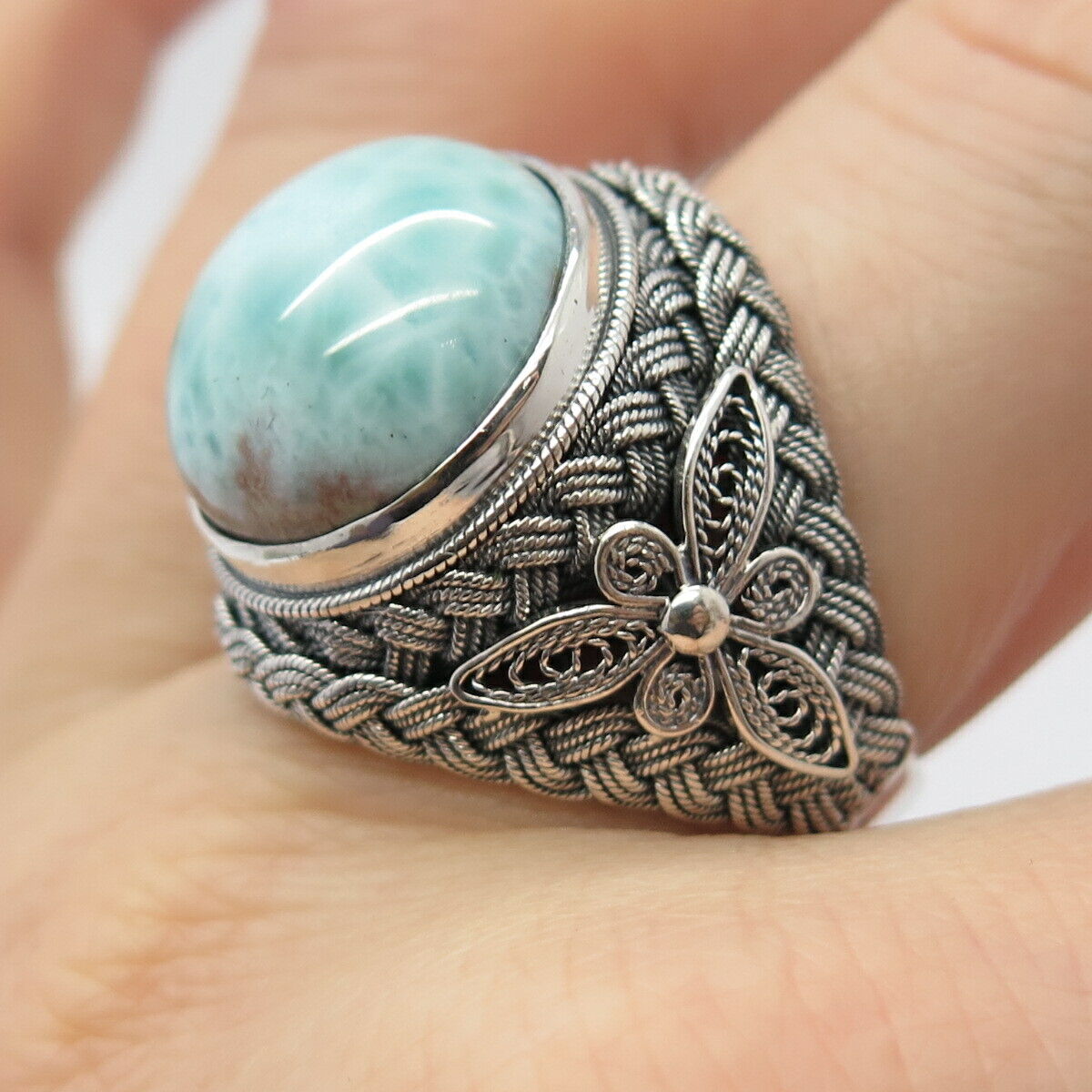 925 Sterling Silver Real Larimar Gem Wicker Domed Adjustable Ring Size 8 3/4