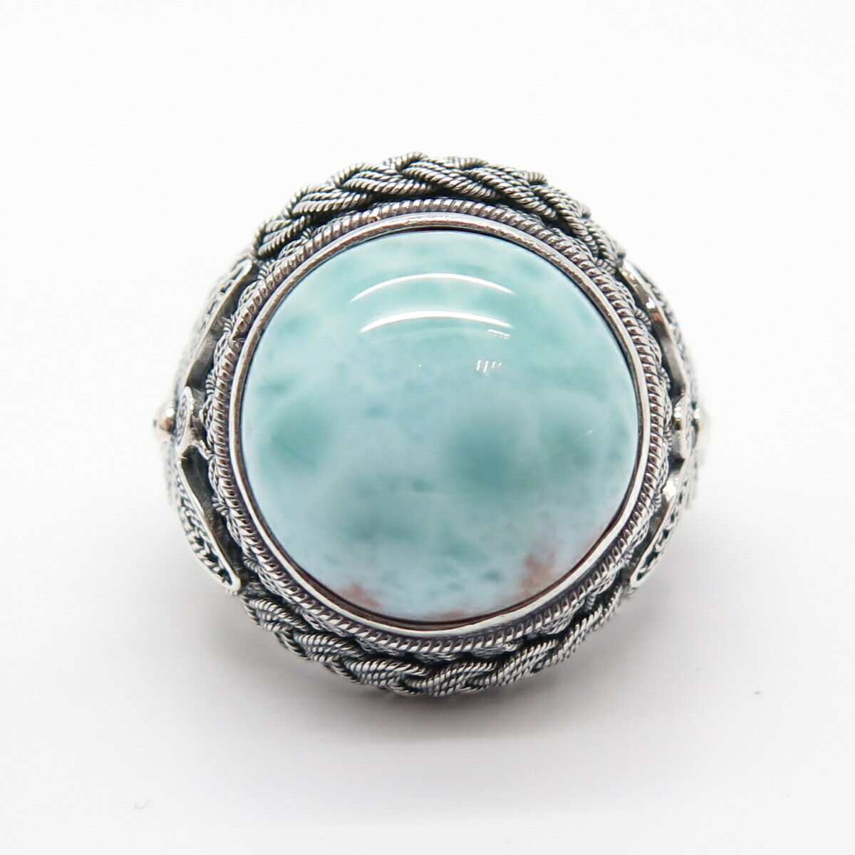 925 Sterling Silver Real Larimar Gem Wicker Domed Adjustable Ring Size 8 3/4