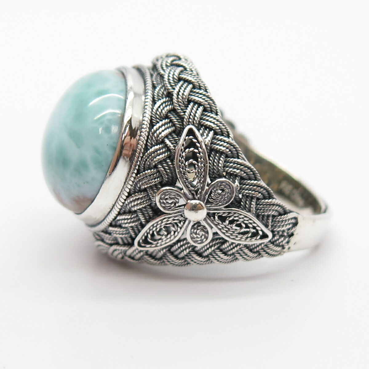 925 Sterling Silver Real Larimar Gem Wicker Domed Adjustable Ring Size 8 3/4