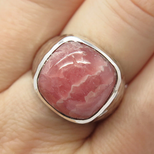 925 Sterling Silver Real Rhodochrosite Gem Hammered Finish Ring Size 8 1/4