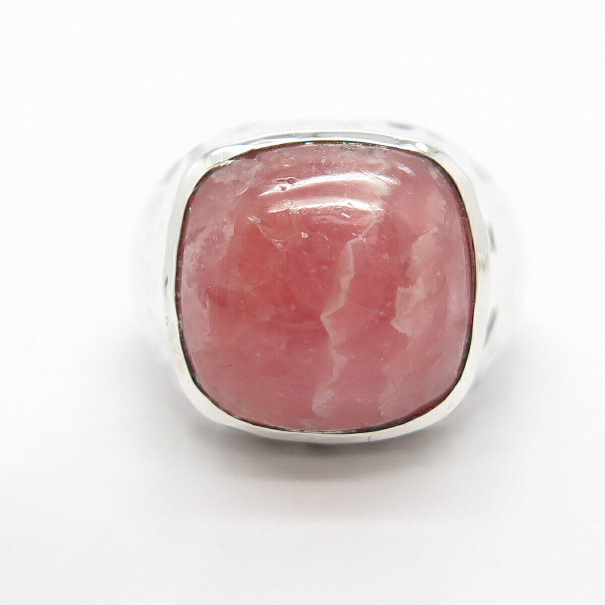 925 Sterling Silver Real Rhodochrosite Gem Hammered Finish Ring Size 8 1/4